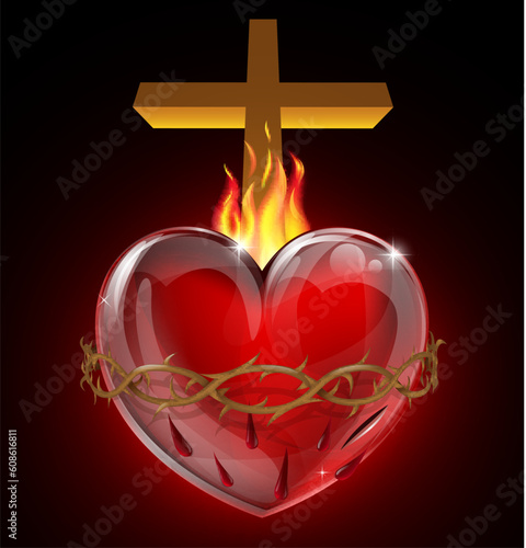 Illustration of the Most Sacred Heart of Jesus. A bleeding heart with flames, pierced by a lance wound with crown of thorns and cross.