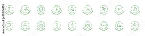 Natural cosmetic line icon set. Bio product sticker. Organic cosmetic. Skin superfood. Certified organic. GMO free. Product free allergen label. Dermatological control. Vegan. Vector illustration