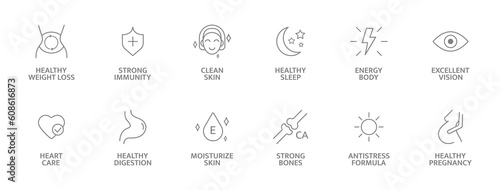Healthy food supplement line icon set. Organic, bio, vegan product. Natural health vitamins, probiotics label for packaging. Detox diet badges. Clean skin. Nutrition sign. Vector illustration
