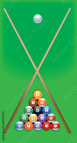illustration of billard cues and balls on green background