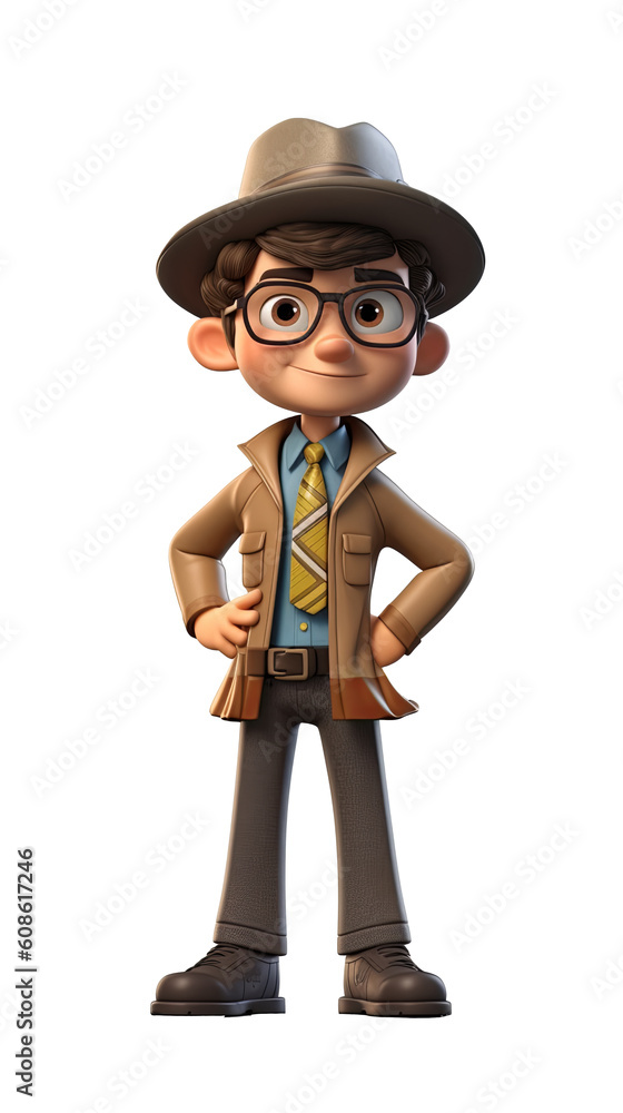 Young detective 3D character. Isolated background
