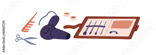 Beauty tools for hair and makeup. Make-up brushes kit, hairdryer, comb, scissors. Professional hairdressers accessories, supplies composition. Flat vector illustration isolated on white background