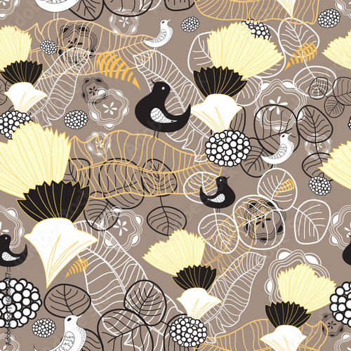 seamless graphic floral pattern with birds on a brown background