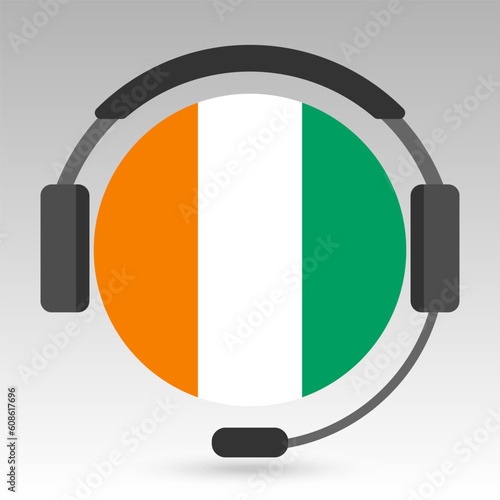 Ivory Coast flag with headphones, support sign. Vector illustration.