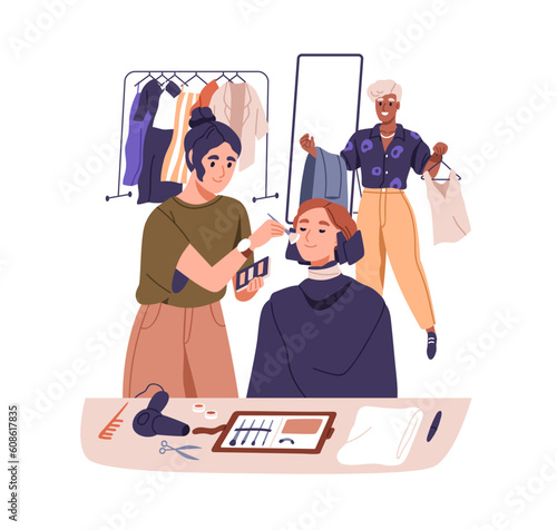 Makeover, hair and style transformation. Makeup artist and fashion stylist changing outfit, hairdo, preparing woman client for party. Flat graphic vector illustration isolated on white background
