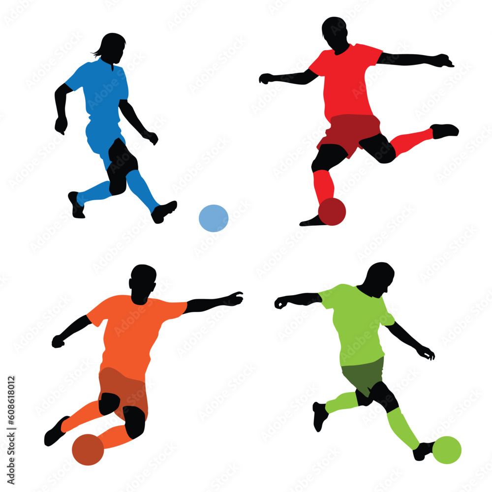 Vector illustration of a four soccer players silhouettes