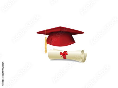 Red graduation cap, mortarboard and diploma scroll, made with gradient mesh