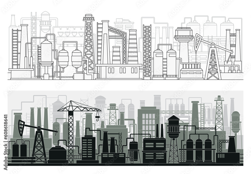Industrial factories silhouette set. Urban endless landscape of manufactories, electric stations, oil rigs, and gas extraction. Background with complex of buildings. Linear flat vector illustrations