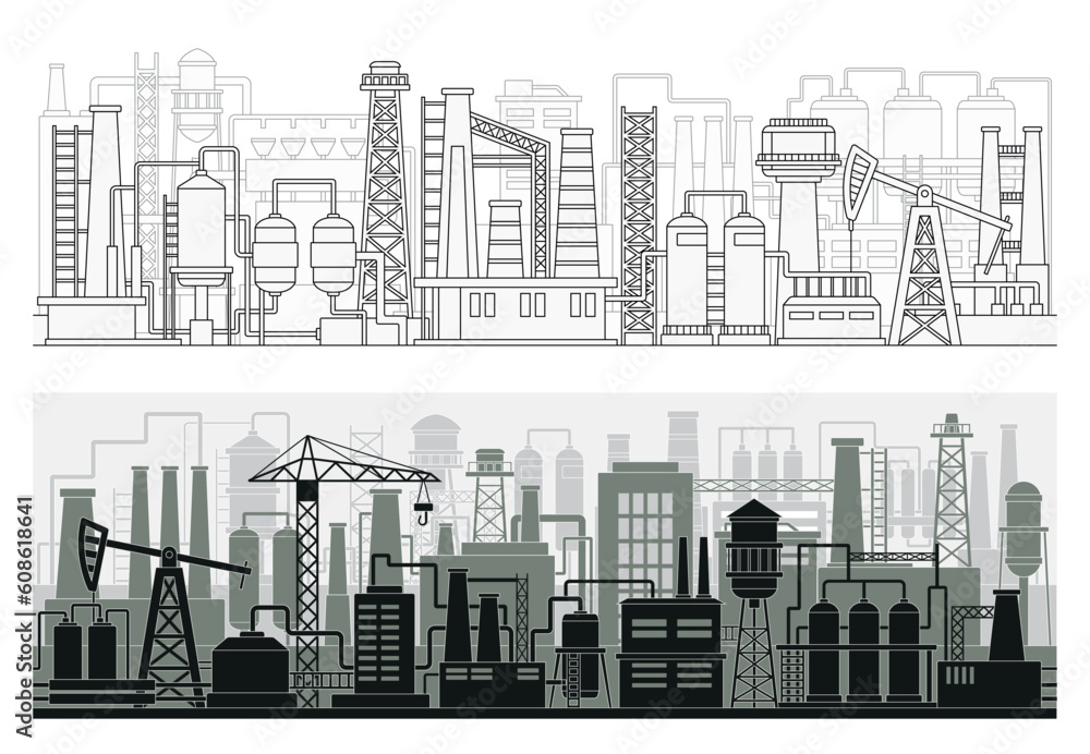 Obraz premium Industrial factories silhouette set. Urban endless landscape of manufactories, electric stations, oil rigs, and gas extraction. Background with complex of buildings. Linear flat vector illustrations