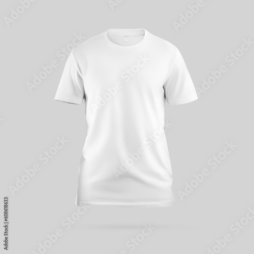 White t-shirt mockup 3D rendering, fashion shirt with label, isolated on background, front view.
