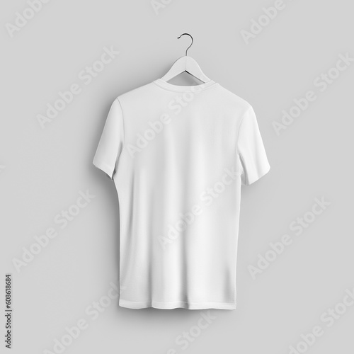 Male white t-shirt mockup on a hanger, texture clothing for design, print, brand, advertising, product photography.