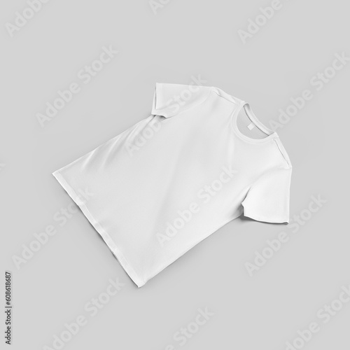 Mockup of men's white t-shirt with label, diagonal presentation, for design, print, brand, product photography, front view.