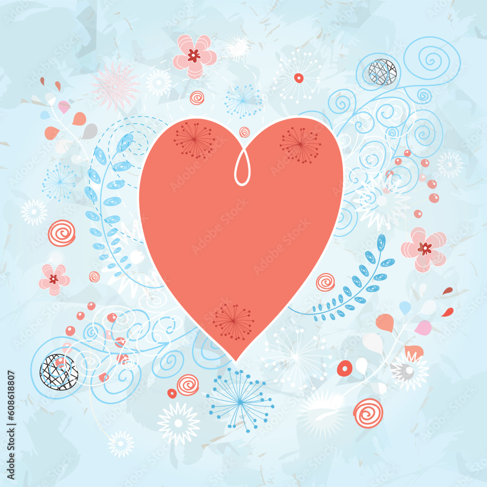 bright heart of the blue background with decorative leaves