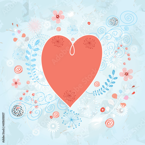 bright heart of the blue background with decorative leaves