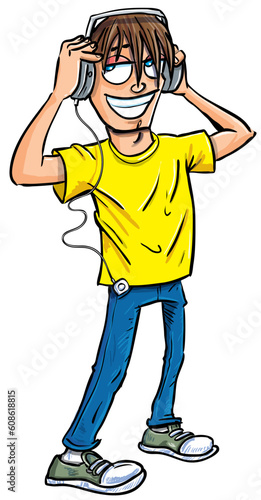 Cartoon teenage boy listening to music on headphones. Isolated