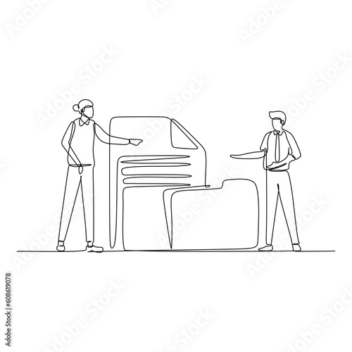 two businessmen is handover the file. continuous line drawing for bossiness concept