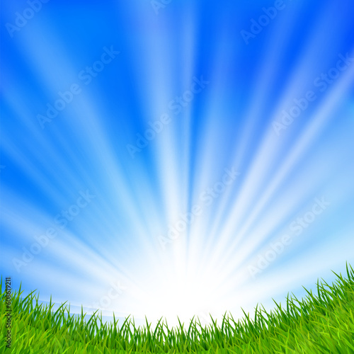 Background with a blue sky, sun and green grass. EPS10. Mesh. Clipping Mask.