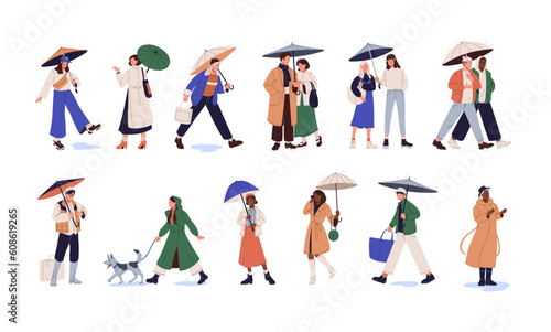 People holding umbrellas in hands, walking among puddles, standing under rain. Characters in rainy weather outdoor. Friends, couples in downpour. Flat vector illustrations isolated on white background