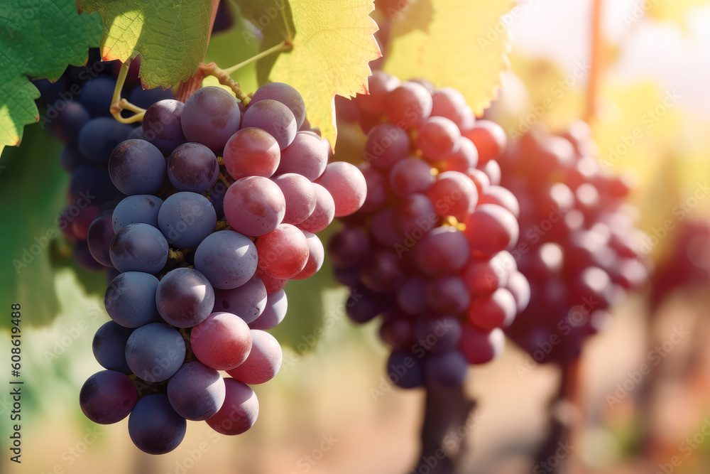 Bunches of ripe grapes on plants in vineyard. Generative AI.