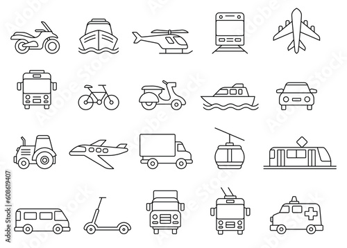 Transport icons set. Vehicle stickers in line art style for apps. Outline cars, trucks, tractor, plane, scooter, bus and motorcycle. Linear flat vector collection isolated on white background