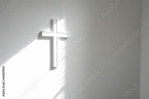 White christian cross on building wall. Generative AI