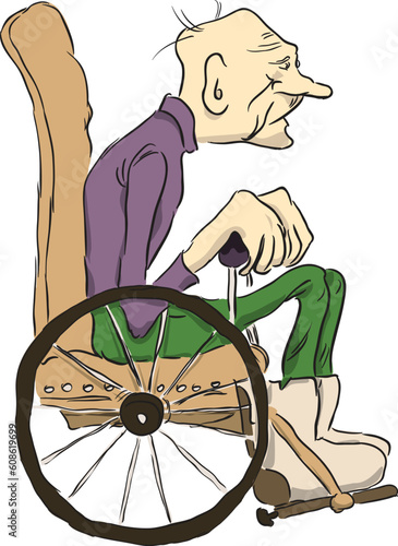 Grandpa sits in a wheelchair. Vector illustration. Cartoon.