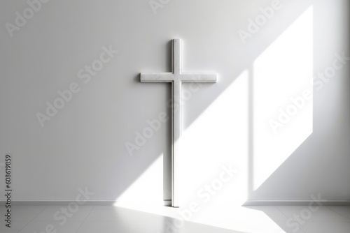 White christian cross on building wall. Generative AI