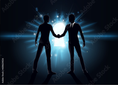 Business opportunity concept, business men shaking hands with keyhole in the background © Designpics