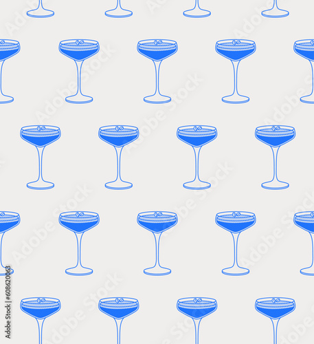 Seamless pattern of espresso martini cocktail with coffee beans. Line art, retro. Vector illustration for bars, cafes, and restaurants.