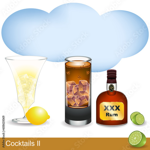 Cocktail collection illustration with appropriate fruits and a bottle of  Rum.