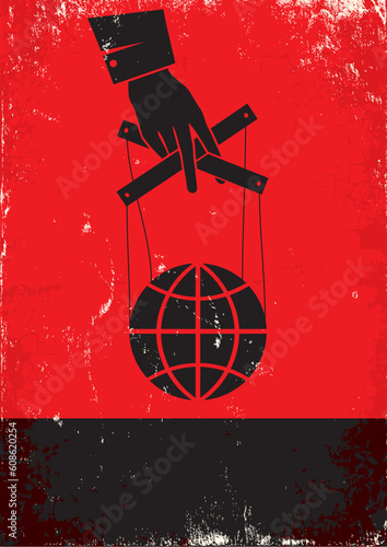Red and black poster with hand and globe