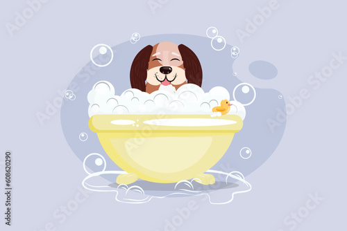 Dog in the yellow bathtub on purple background.