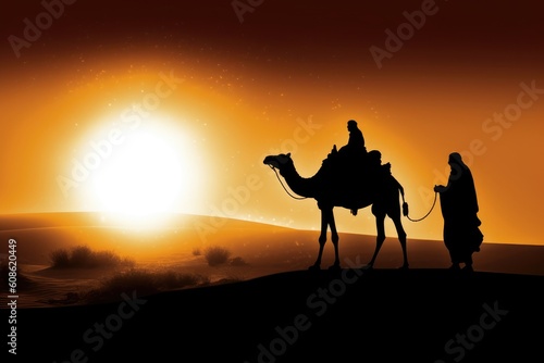 Silhouette of Joseph and Mary on camel across desert. Christmas scene of baby Jesus with Mary and Joseph. Christian Nativity story with Birth of Christ. Generative AI