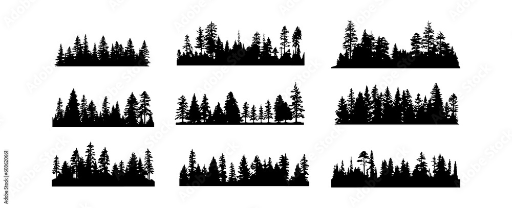 Forest tree silhouettes collection. Pine trees horizontal pattern panorama background. Vector illustration