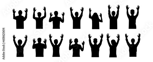 Silhouettes of people hands up isolated on white background. Human stand with hands and body vector illustration