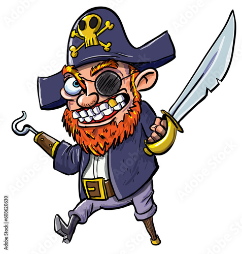Cartoon pirate with a hook and cutlass. Isolated on white