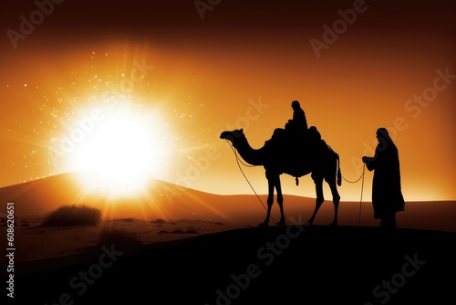 Silhouette of Joseph and Mary on camel across desert. Christmas scene of baby Jesus with Mary and Joseph. Christian Nativity story with Birth of Christ. Generative AI photo