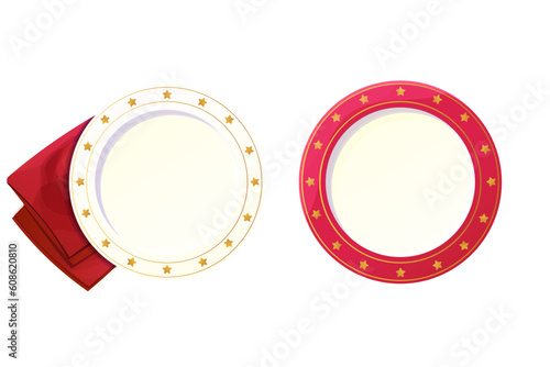 Set Holiday plates, bright empty dish top view with golden stars, border ornament Christmas decoration, festive napkin in cartoon style isolated on white background.