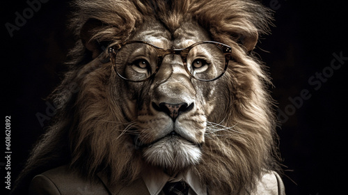 A high-resolution photograph of a majestic lion wearing a stylish suit dress. Generative AI