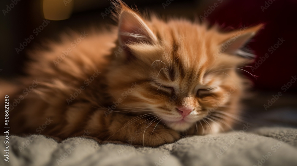 A photo of a cute Red kitten sound asleep on a fluffy. Generative AI A photo of a cute Red kitten sound asleep on a fluffy. Generative AI