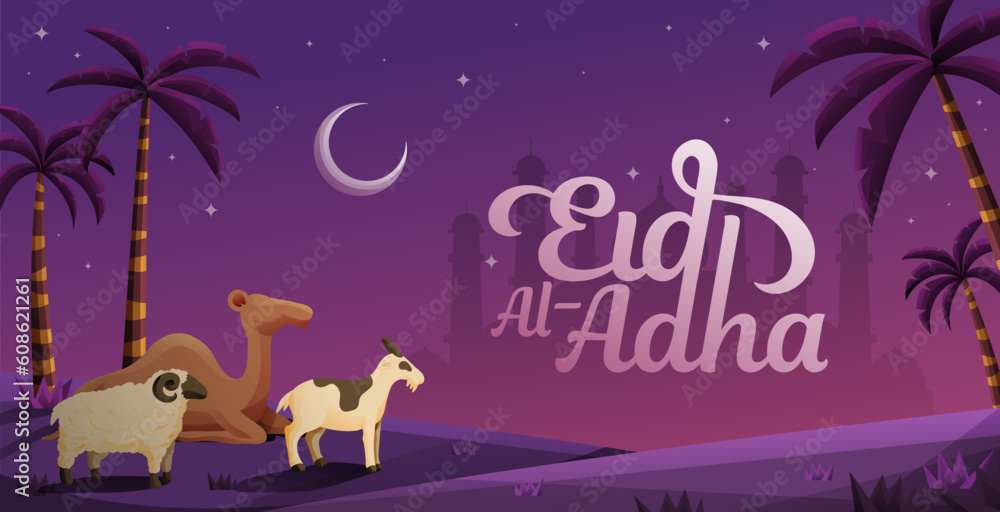 Naklejka premium Eid Al Adha Banner With Sacrifice Animal Palm Tree Crescent Moon and Mosque Background