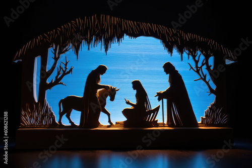 Christian Christmas Nativity Scene of baby Jesus in the manger with Mary and Joseph in silhouette surrounded by animals. Generative AI photo