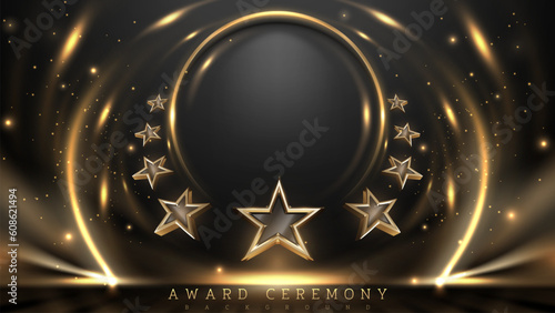 3d star around gold circle frame with glitter light effects and bokeh decorations on dark scene. Luxury award ceremony background design concept.