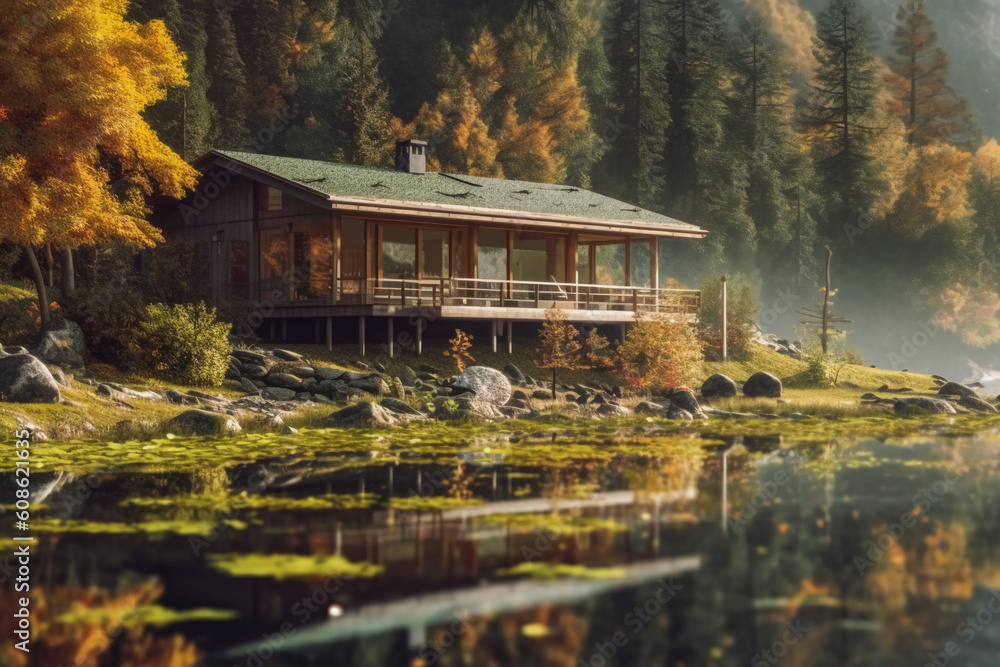 Fototapeta premium A house in a forest on the shore of a lake. AI generative