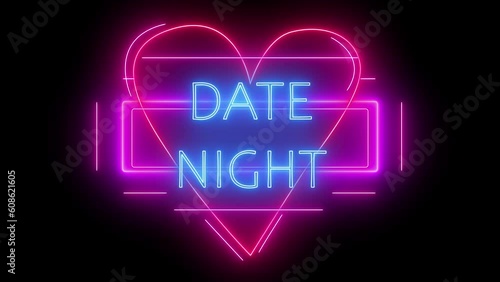 date night text neon lights background with hearth in back photo