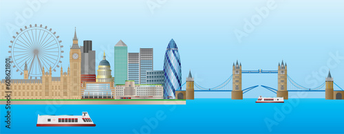 London England Skyline Panorama with Tower Bridge and Westminster Palace Illustration