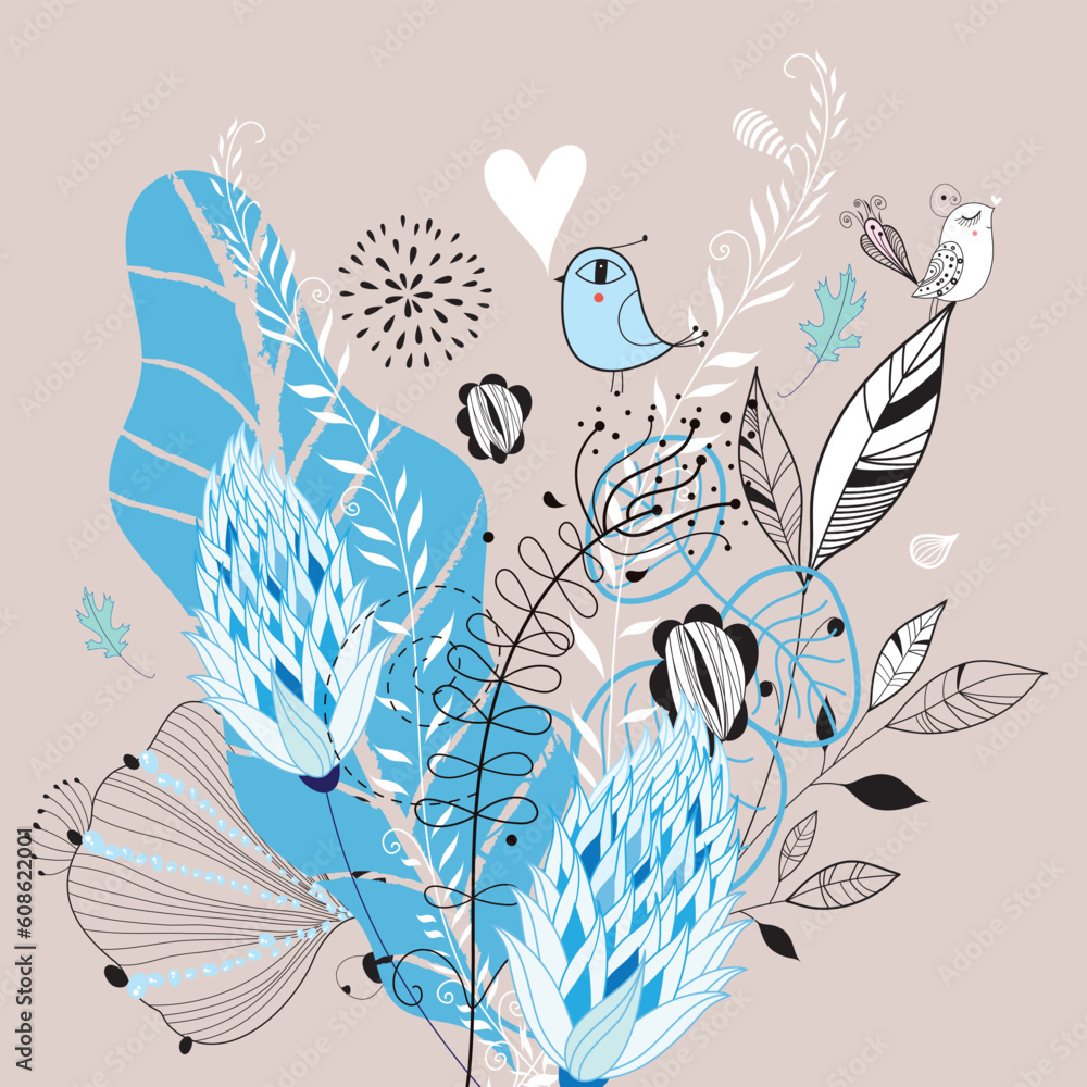 blue floral graphic design with loving birds blue floral graphic design with loving birds
