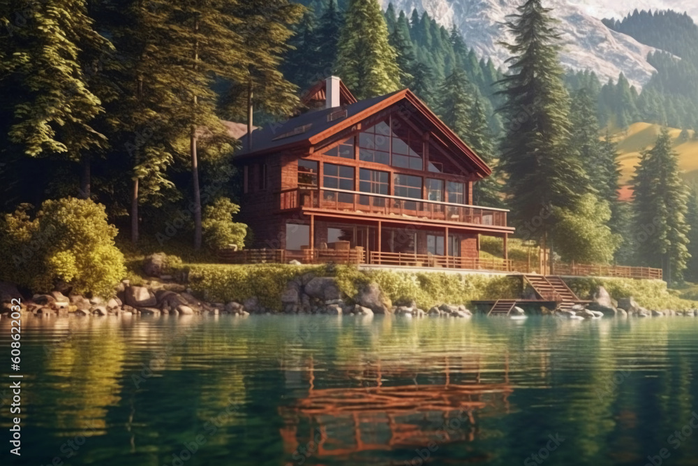 Fototapeta premium A house in a forest on the shore of a lake. AI generative