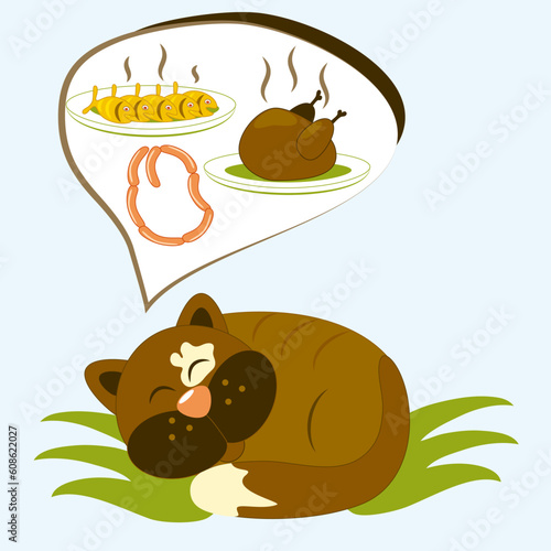 Cartoon cat has dreams about tasty meal. Vector illustration.
