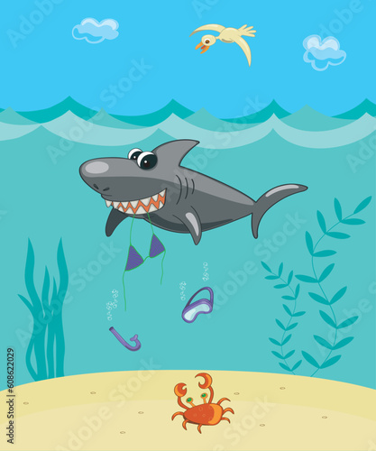 Fototapeta Naklejka Na Ścianę i Meble -  Comic vector illustration. The big cartoon shark ate the girl.